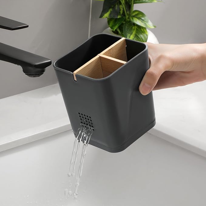 Electric Toothbrush Holder 3 Slots Tooth Brushing Holder with Bamboo Dividers for Bathrooms, Plastic Toothbrush and Toothpaste Organizer for Shower, Countertop, Vanity, Cool Grey