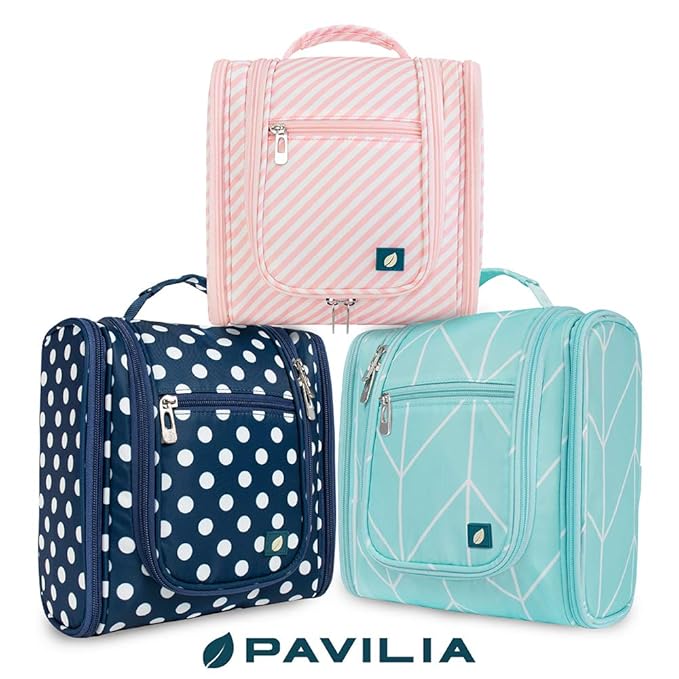 PAVILIA Toiletry Bag Travel Bag for Women Men, Hanging Cosmetic Organizer, Water Resistant Makeup Bag for Accessories Toiletries, Large Travel Essentials Kit (Pink Stripe)