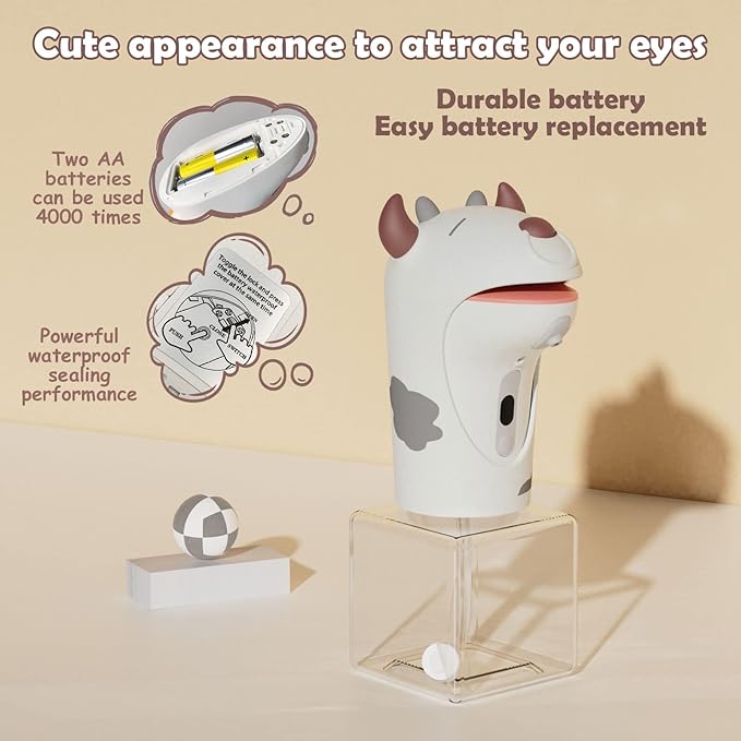 Automatic Soap Dispenser,Foaming Touchless Hand Soap Dispenser for Kids,IPX6 Waterproof Cute Cow Foam Sanitizer Dispenser for Bathroom Countertop, 8.7oz/250ML(Whit