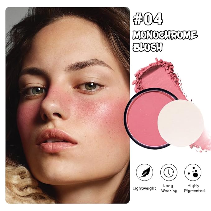 Natural Single Matte for Face Cheeks Blush with Makeup Powder Puff, Warm Orange Red Monochrome Blush Cream Powder Makeup Palette Blushes Long-lasting Blendable Foundation for Women Every Day 04
