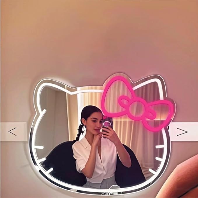 GALLIA Anime Hello Kit Mirror Vanity, Neon Mirror with Dimmable LED Lights, Perfect for Teen Girl Gift, Room Decor, 14.6" x 12.2"