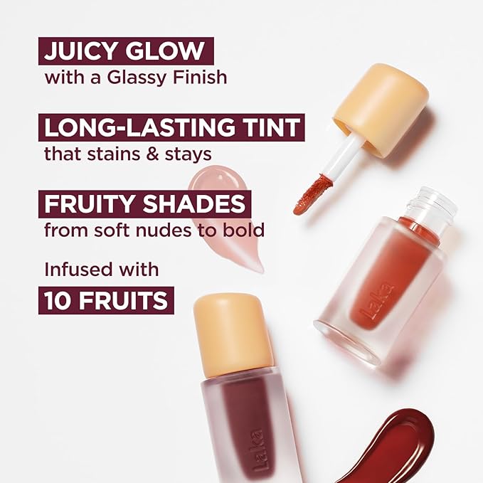 Laka Fruity Glam Lip Tint Mini, 1.9g/0.07oz, Glowing Lip Stain with Wide Color Spectrum, Hydrating & Lightweight Texture, Long-Lasting Bold Stain, Non-Sticky, Vegan, K-Beauty (#101 Joyful)