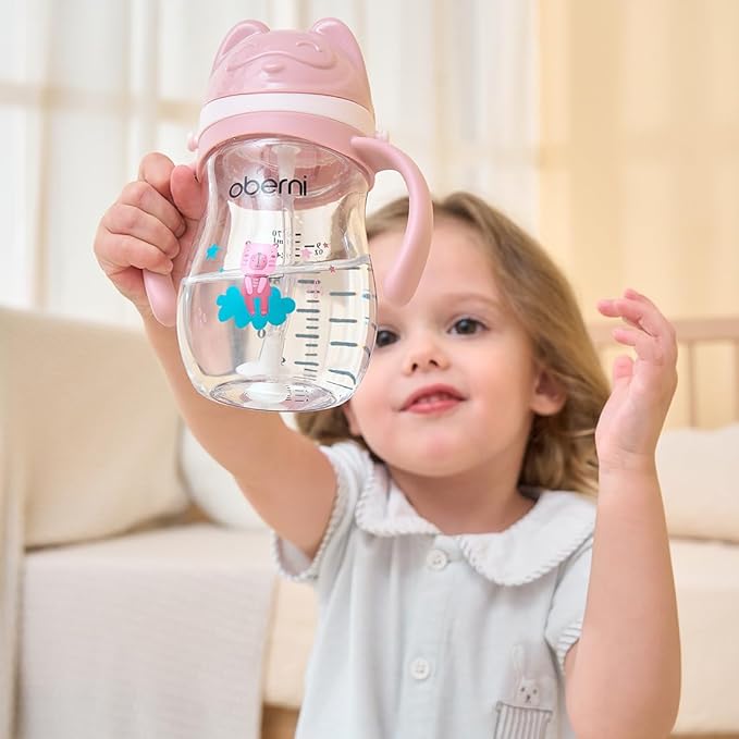 Toddler Sippy Cup, Tritan Baby Water Bottle With Non-Spill Valve Spout, Removable Handle and Carry Strap, 270ml/12m+/Pink/Pack of 3