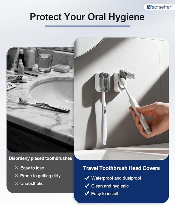 Toothbrush Holder with Auto-Close Cover – Waterproof, Dust-Proof Tooth Brush Hanger Rack for Electric Toothbrushes, 3-Pack No Drill Wall-Mounted Toothbrushes Organizer - Grey