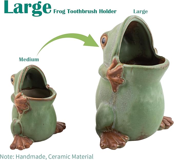 FlidRunest Extra Large Kids Frogs Toothbrush Holder for Bathroom - Ceramic Animal Tooth Brush Holder Cup - Easy to Clean Toothbrush and Toothpaste Holder - Great Gift for Boy, Friends, Kids, Men