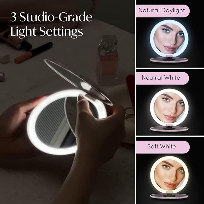 Fancii Taylor LED Lighted Travel Makeup Mirror, Rechargeable, 10x /1x Magnifying, Tru-Glow Lighting System, XL Large 5” Wide | Compact Mirror for Purses (Rosette Ribbon)