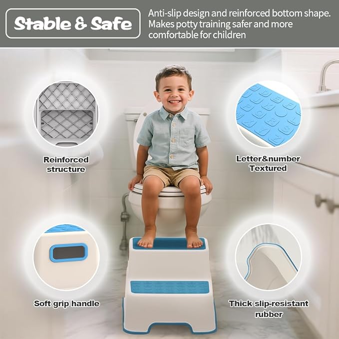 Toddler Step Stool for Bathroom Sink, 2 Pack Step Stool for Kids, Plastic Potty Training Toilet Stepping Stools, Child and Baby Lightweight&No-Slip Two Step Stools for Kitchen(Off-White/Blue)