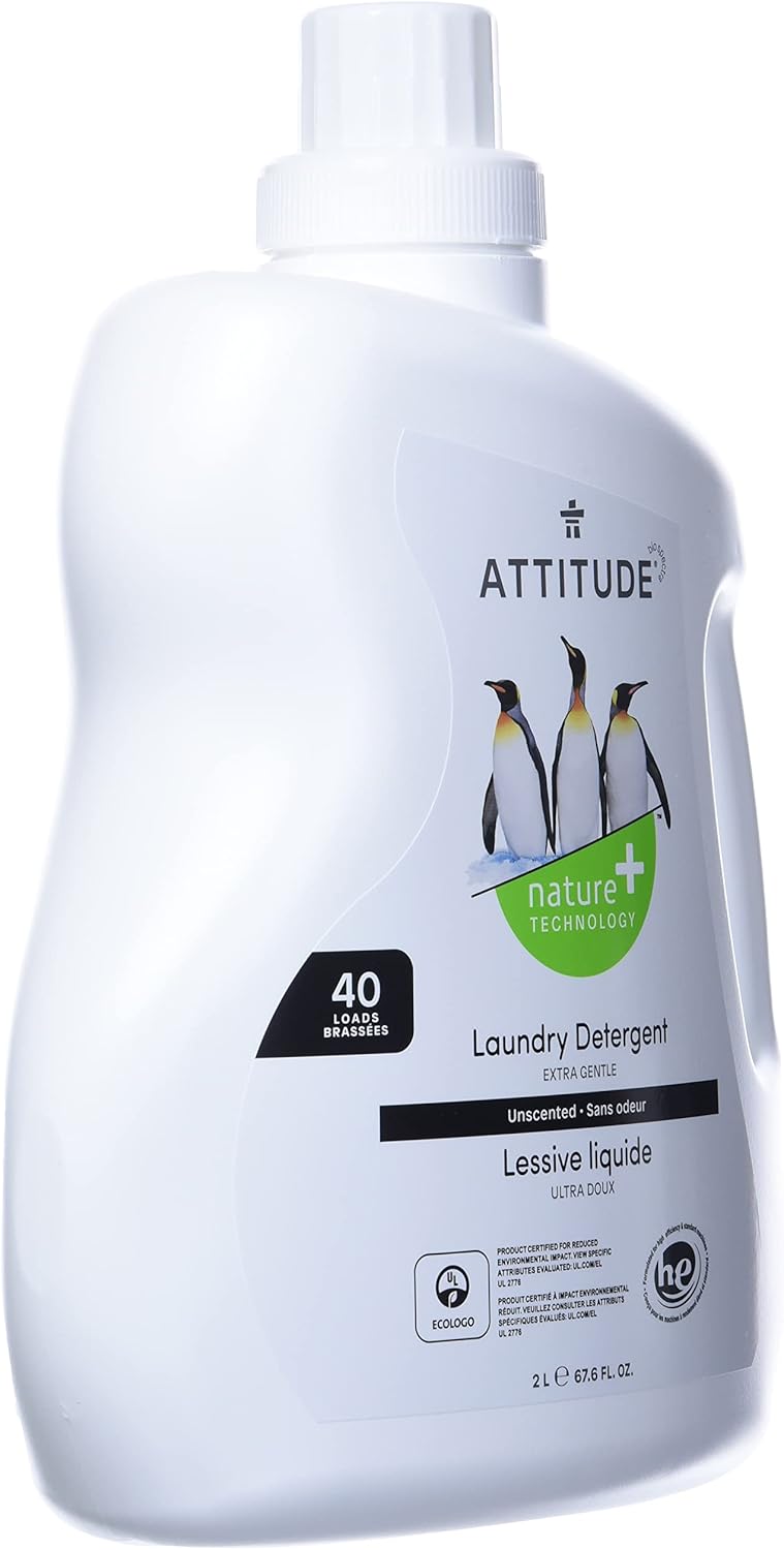 ATTITUDE Liquid Laundry Detergent, EWG Verified, HE Compatible, Plant-Based & Vegan, Natural Laundry Soap, Unscented, 40 Loads, 67.6 Fl Oz