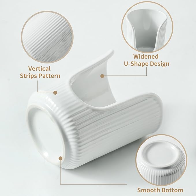 Ceramic Bathroom Cup Dispenser with Stylish Vertical Stripes - Disposable Mouthwash Cup Holder Holds 3-4oz Paper Cups for Rinsing Cups on Bathroom Vanity Countertops (White-White-2 Pack)