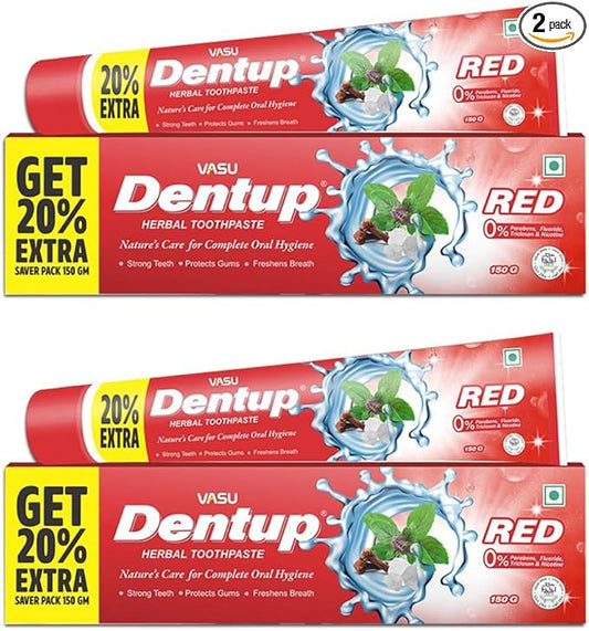 Vasu Dentup RED Herbal Toothpaste - Herbal Oral Care with Clove Oil & Mint - Fluoride-Free Natural Toothpaste for Daily Use - Fights Plaque, Freshens Breath, Soothes Gums - 5.03 fl.oz each (Pack of 2)