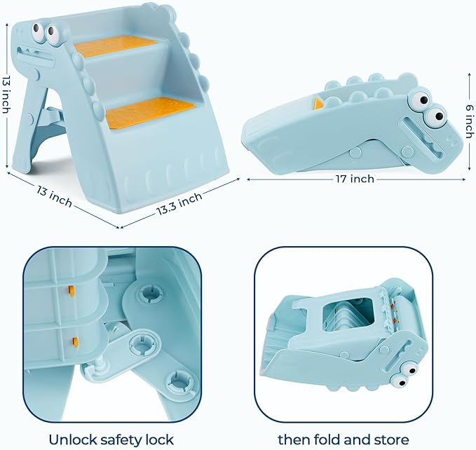 Onasti Toddler Step Stool Foldable Kids Step Stool,Bathroom Stool for Toddlers Non-Slip Toddler Step Stool for Bathroom Sink and Kitchen Counter with Cute Dinosaur Design(Blue)
