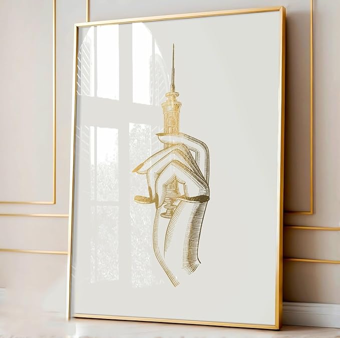 NATVVA Canvas Painting 3 Pieces Syringe Thermometer Stethoscope Art Posters Med Student Gold Prints Wall Art Pictures for Clinic Decor with Wooden Inner Frame