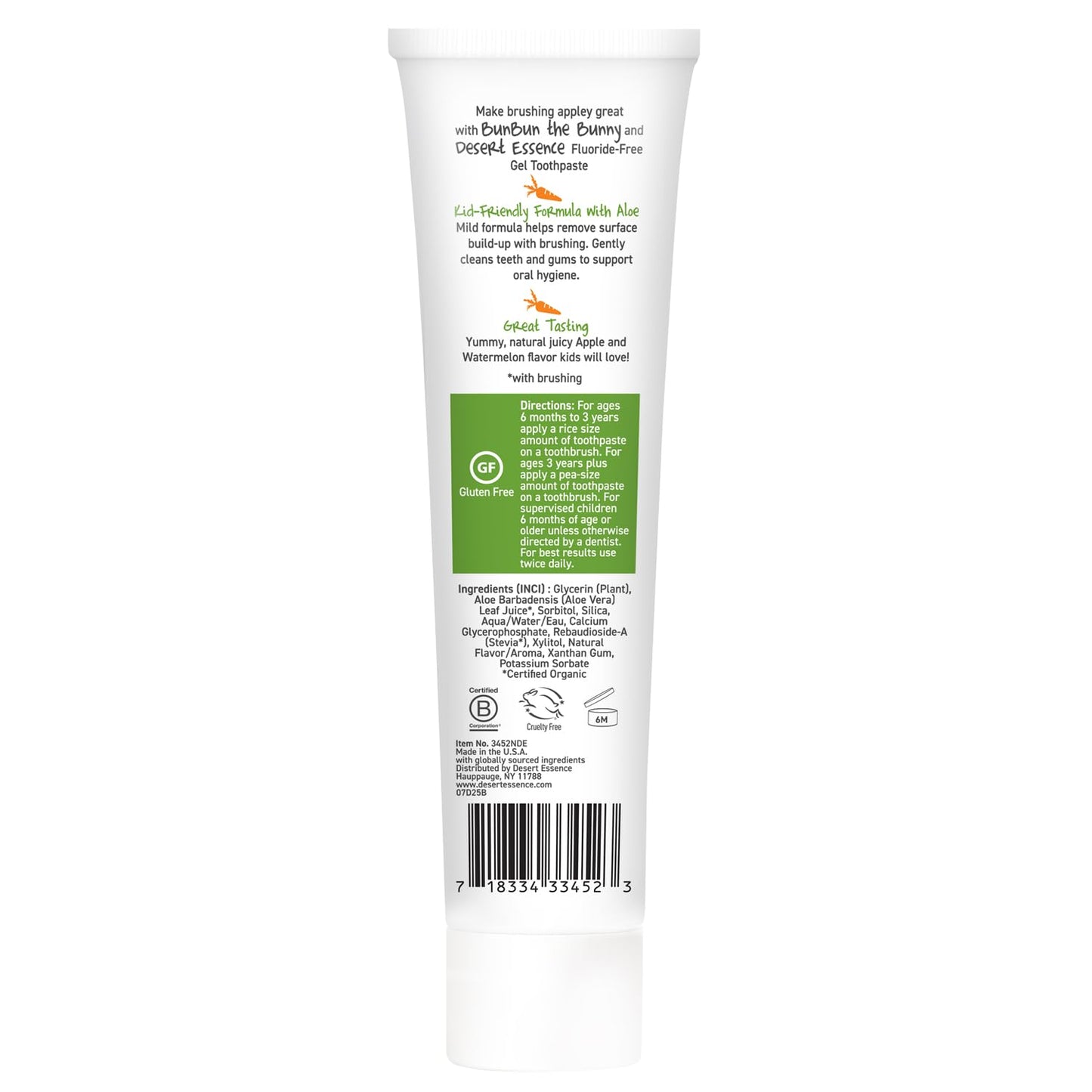 Desert Essence, Green Apple Watermelon Toothpaste Kids Gel, 4.7 oz. - Safe to Swallow, Fluoride Free, SLS Free, Gluten-Free, Vegan, Plant Powered Formula, Great Tasting, Removes Plaque and Buildup