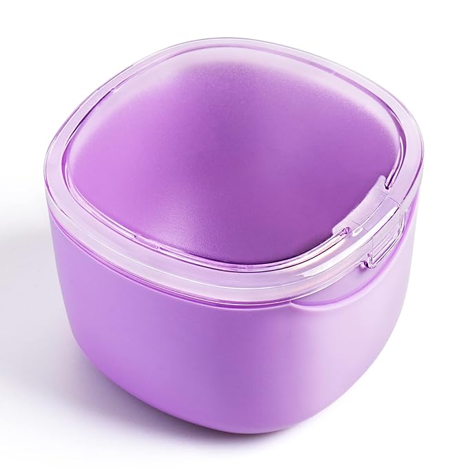 Upgraded Denture Bath Box Cup, No-Leak Denture case, Retainer Cleaning Box, Complete Clean Care for Dentures, Clear Braces, Mouth Guard, Night Guard & Retainers (purple)