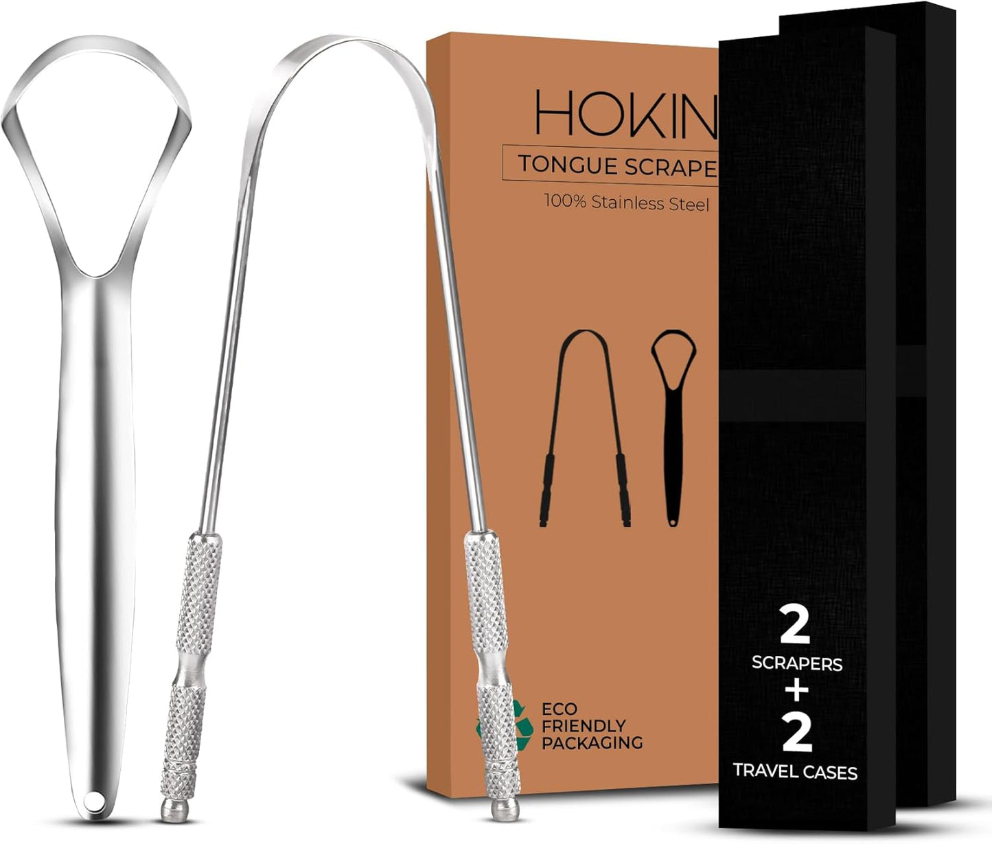 HOKIN Tongue Scraper for Adults with Travel Cases (2Pcs U & Spoon Combo Pack) - 100% Metal Tongue Cleaners, Tough Scrapers for Oral Hygiene