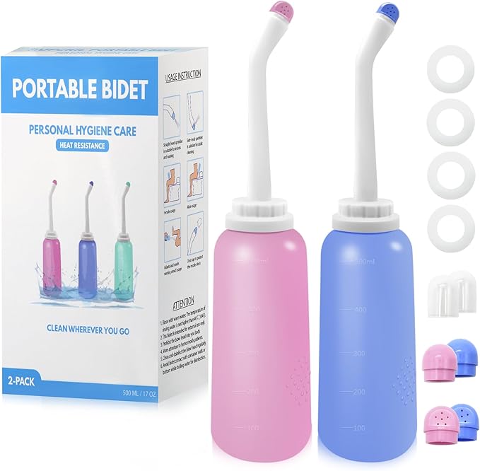 RUFCRIL Peri Bottle, 2-Pack Portable Travel Bidet with Bag, TPE Material Can Be Boiled, 17oz/500ml with 2 Sealing Rings,Essentials for Postpartum Perineal Care,Hemorrhoid Treatment,and Baby(Pink/Blue)