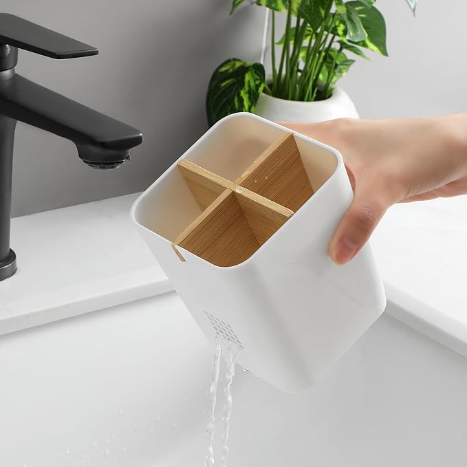 Toothbrush Holders Drainage for Bathrooms, 4 Slots Tooth Brushing Holder with Bamboo Dividers Plastic Electric Toothbrush and Toothpaste Caddy Organizer for Sink, Counter, Shower, Vanity, White