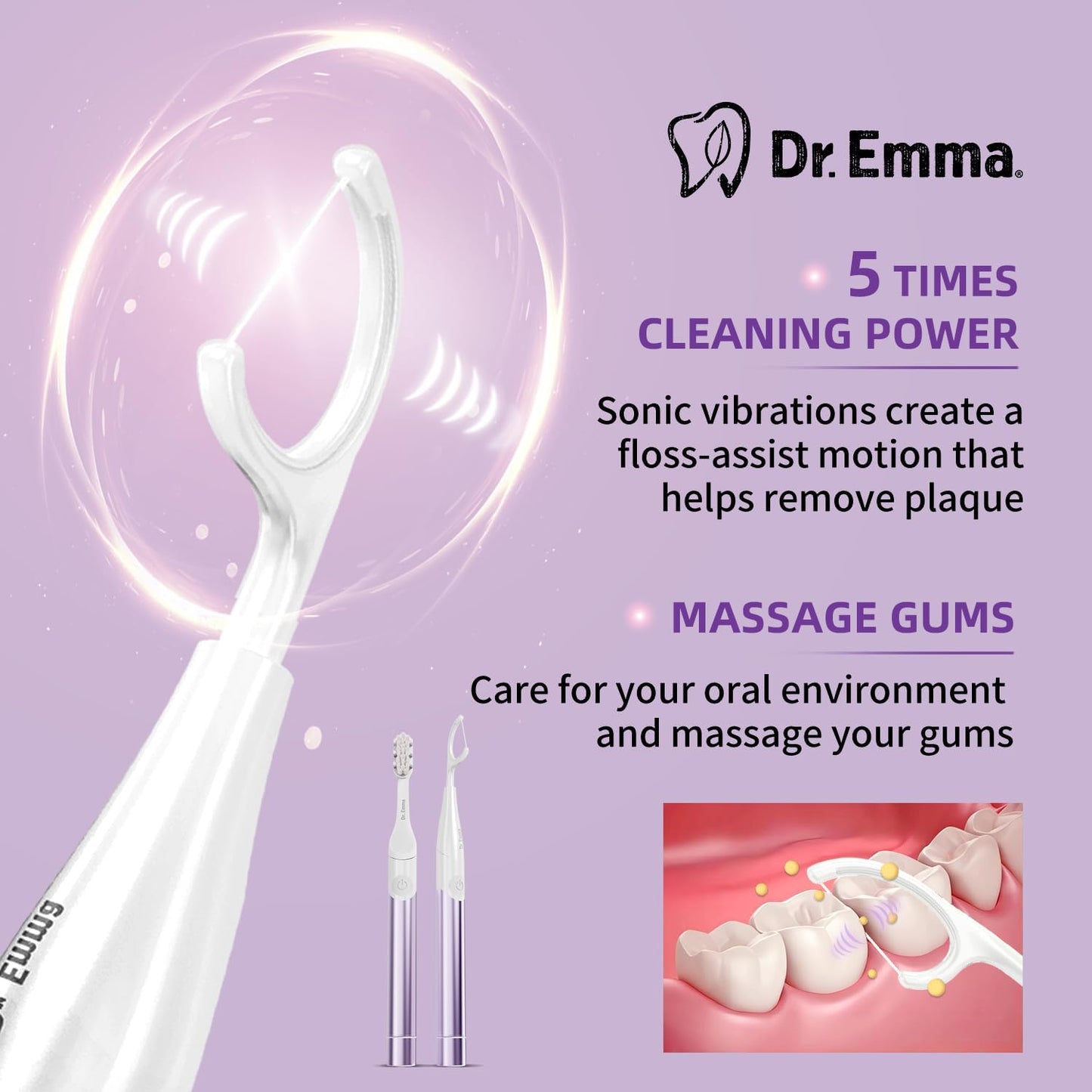 Dr. Emma Electric Vibration Flosser with Replaceable Floss Picks and Toothbrush, Power Flosser for Adults, Dental Flosser Kit for Teeth Cleaning, Water Flosser Alternative, Purple