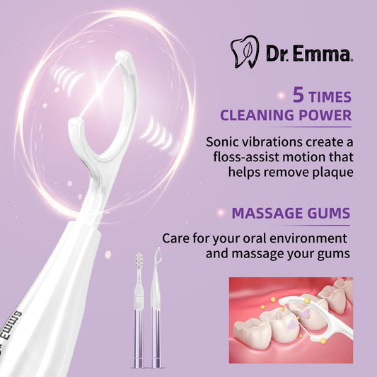 Dr. Emma Electric Vibration Flosser with Replaceable Floss Picks and Toothbrush, Power Flosser for Adults, Dental Flosser Kit for Teeth Cleaning, Water Flosser Alternative, Purple