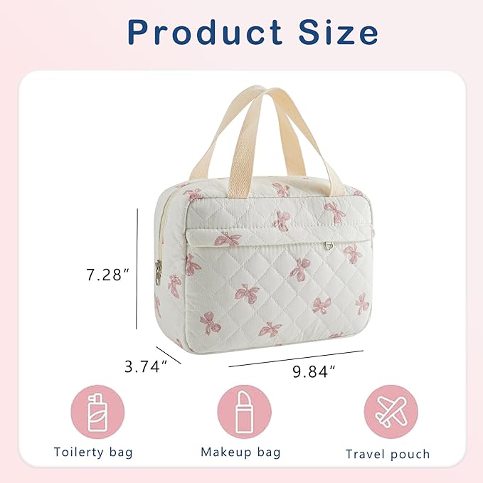 Large Size Quilted Coquette Makeup Bag, Cute Preppy Floral Cotton Travel Cosmetic Organizer Bag with Top Handle, Multi-Layer Travel Toiletry Pouch for Girls (07White Pink Bow)