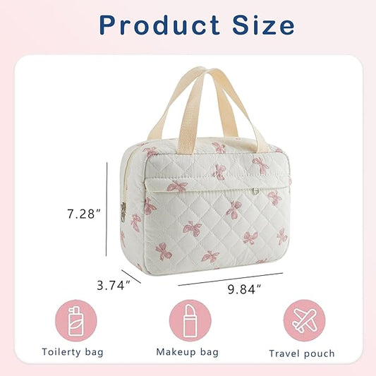 Large Size Quilted Coquette Makeup Bag, Cute Preppy Floral Cotton Travel Cosmetic Organizer Bag with Top Handle, Multi-Layer Travel Toiletry Pouch for Girls (07White Pink Bow)