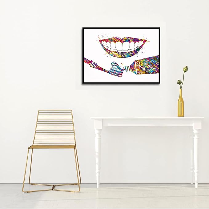 HFKSRJGW Dental Decor,Dental Care Watercolor Print Tooth Medical Art Toothbrush Dental Clinic Decor Gift Toothpaste Dentist Dentistry Office Dental Hygienist,8""x12""Framed Wall Art, white 10