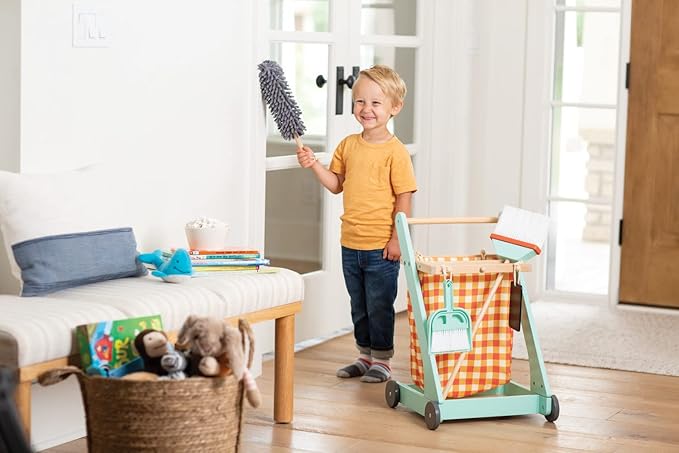 MindWare Oh So Fun! Cleaning Cart – Kids Cleaning Set Includes Kid Size Broom & Other Cleaning Toys for Kids 3 & Up