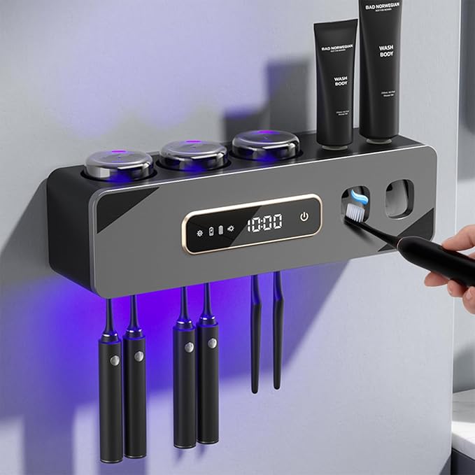 Automatic Toothpaste Dispenser,Rechargeable Toothbrush Holders for Bathrooms,3 Cups Electric Toothbrush Holder Wall Mounted with Toothpaste Dispenser Bathroom Decor (Grey)