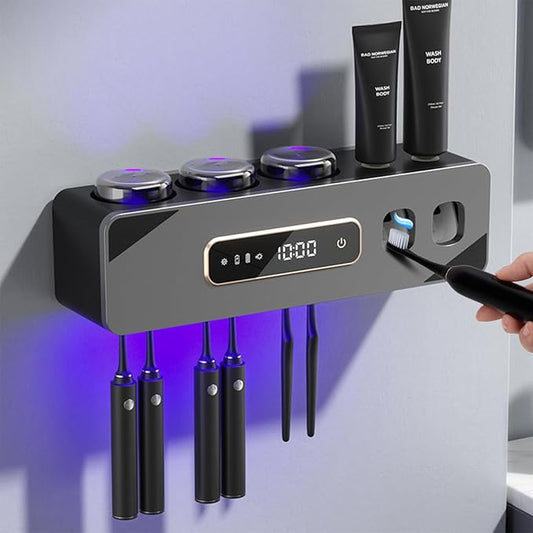 Automatic Toothpaste Dispenser,Rechargeable Toothbrush Holders for Bathrooms,3 Cups Electric Toothbrush Holder Wall Mounted with Toothpaste Dispenser Bathroom Decor (Grey)