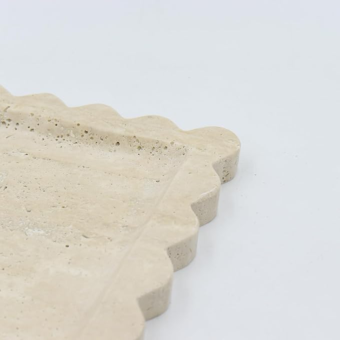 Square Marble Decorative Tray with Scalloped Edge, Luxury Natural Stone Bathroom Vanity Tray, Dresser Top Perfume Coffee Home Kitchen Sink Tray, Key Trinket Ring