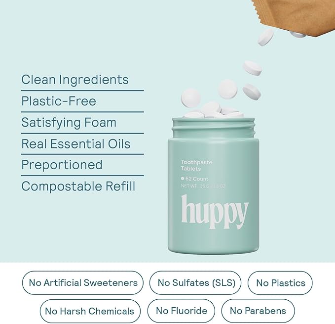 HUPPY Toothpaste Tablets, Nano Hydroxyapatite Toothpaste - Natural Whitening, Fluoride Free and Remineralizing Tablets - Travel Hydroxyapatite Tabs (4 Month Refill no Refillable Tin)