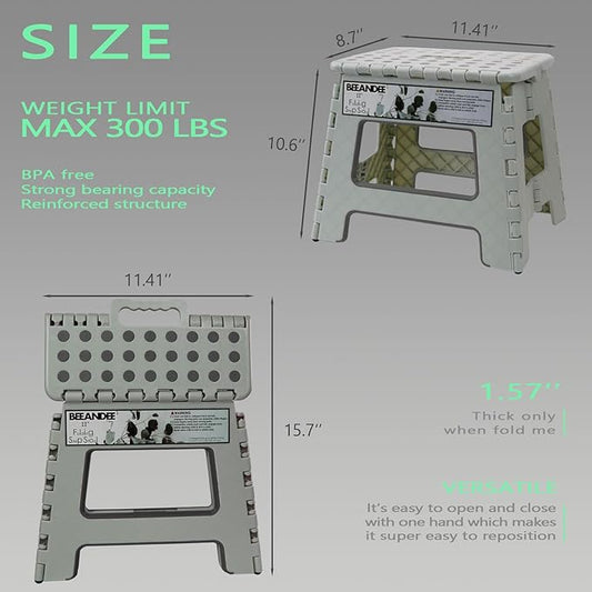 11" Folding Step Stool for Adults Kids Holds Up to 300 lbs,Non-Slip Folding Stools with Portable Handle, Compact Plastic Foldable Step Stool for Bathroom,Kitchen (Gray)…