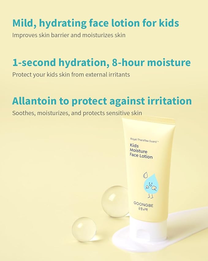 GOONGBE Kids' Moisture Face Lotion - Korean Kids Daily Face Moisturizer - 8hr Moisturizing Refreshing Cream Type Lotion with Cica and Allantoin - Allergen Free Scent, 2.7 fl.oz. 2 Pack