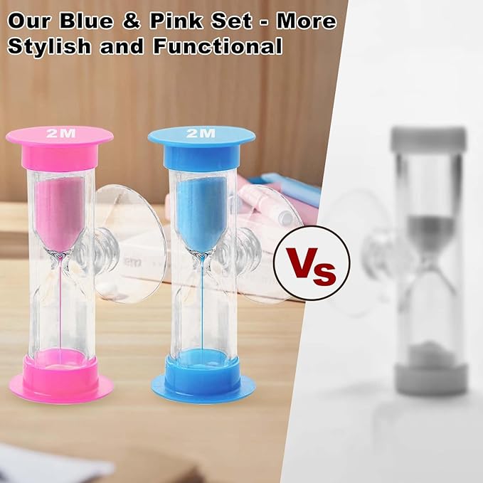 2 Minute Sand Timer with Sauction Cup, Small Blue and Pink Acrylic Hourglass Sand Clock Set, Plastic Glass Mini Sandglass for Classroom Games Kitchen (Pack of 2)