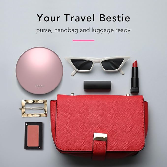 Fancii Taylor LED Lighted Travel Makeup Mirror, Rechargeable with 10x/1x Magnifying & 3 Light Settings - Compact, Portable, Large 5” Wide Hand Mirror for Handbag and Purses (Rose Gold)
