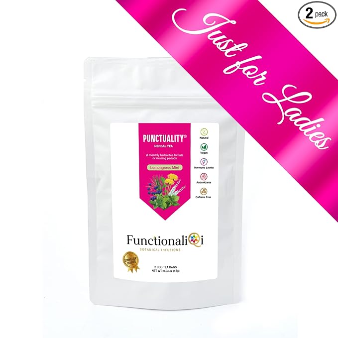 Punctuality Functional Herbal Tea for Late Menstrual Period Lemongrass Mint Natural Remedy Black Cohosh Blue Cohosh Women’s Health Hormone Regulation Cramps PCOS Plan-B Homeopathic (2eco tea bags)
