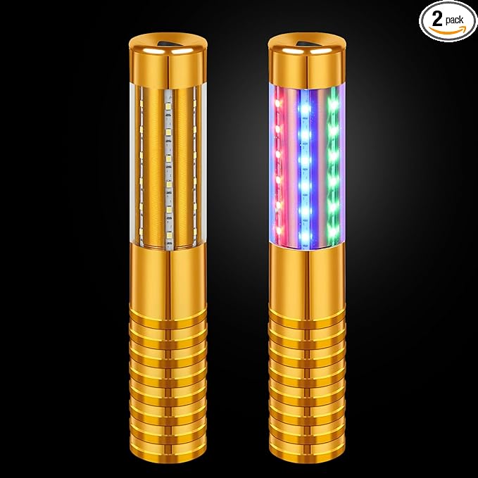 2 Pieces RGB LED Strobe Baton Light Rechargeable Bottle Service Sparklers Stick Reusable Champagne Bottle Handheld LED for Club Stage Nightclub Party Concert Event Bar Outdoor - Gold