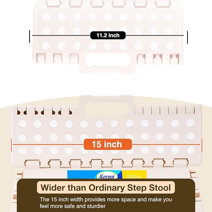 Korpai 5" Folding Step Stool for Adults and Kids 15-Inch Extra Wide Stool Holds Up to 300 lbs,Non-Slip Folding Stools with Handle,Compact Plastic Foldable Step Stool for Bathroom,Kitchen,ect, Khaki