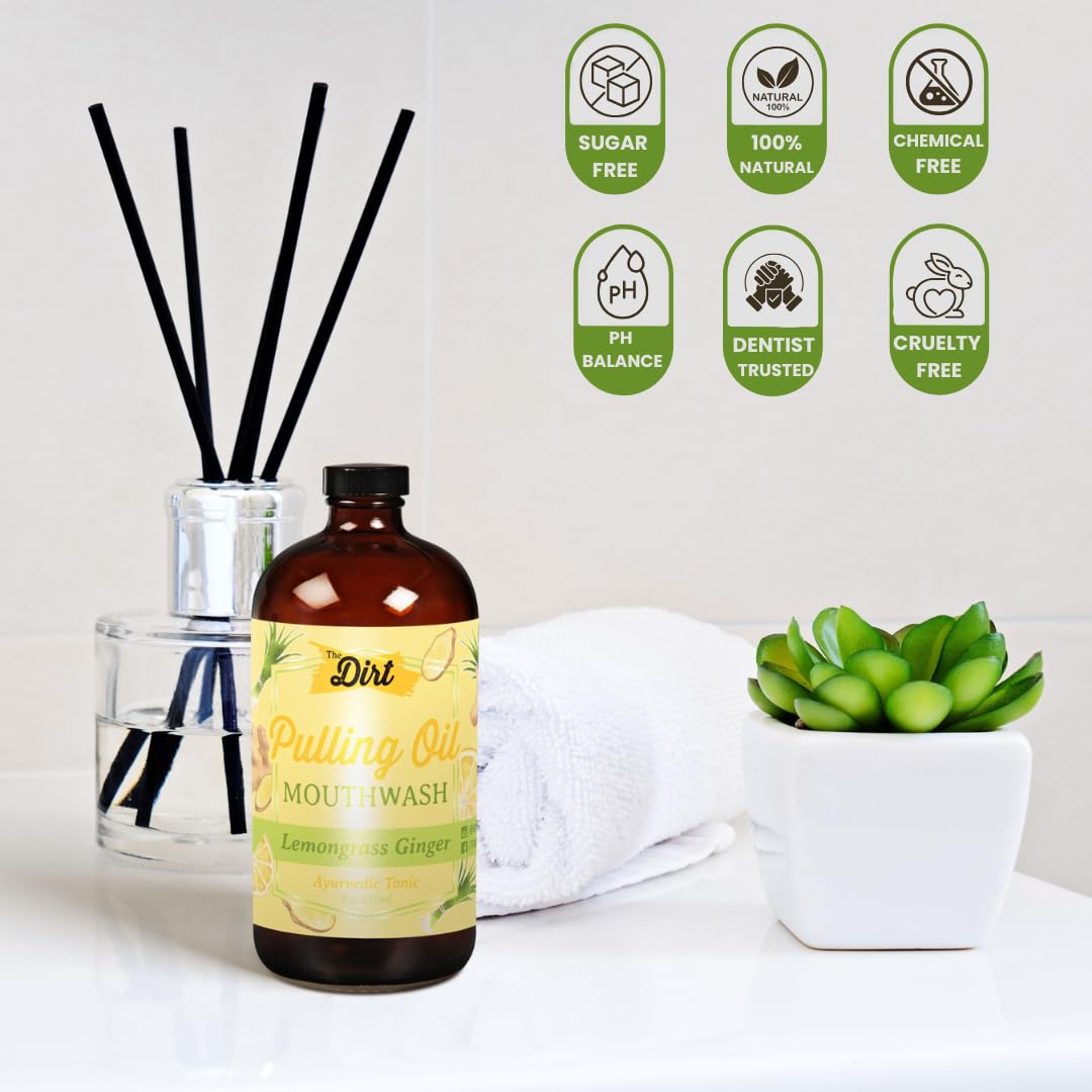THE DIRT Oil Pulling Mouthwash - Gluten Free - Removes Plaque, Tartar, Bad Breath & Whitens Teeth (Lemongrass & Ginger, 8 Ounce)