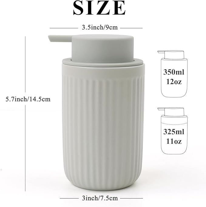 BosilunLife Grey Soap Dispenser Set - 2 Pack 12oz Ceramic Dish Soap Dispenser with Rust Proof Pump for Kitchen, Hand Soap and Lotion Set Suitable for Farmhouse Bathroom Decor