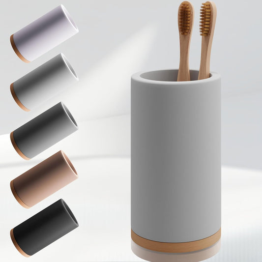 Matani Diatomite & Bamboo Toothbrush Holder - Quick-Drying, Water-Absorbent Stand with Removable Base & Drain Holes for Bathroom Countertop (Light Gray)