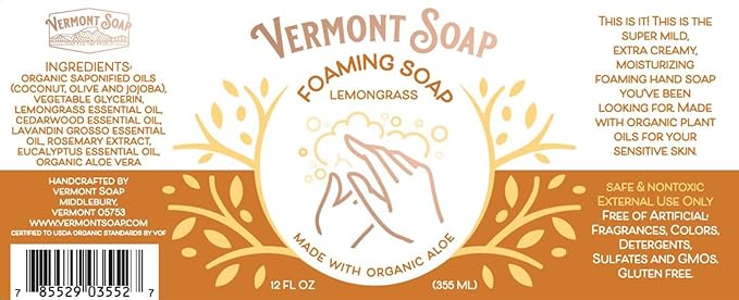VERMONT SOAP Organic Lemongrass Zen Foaming Hand Soap - Natural Moisturizing Soap for Dry Skin - Fragrance Free Liquid Bathroom Hand Soap Dispenser - Lemongrass Zen - 12 oz