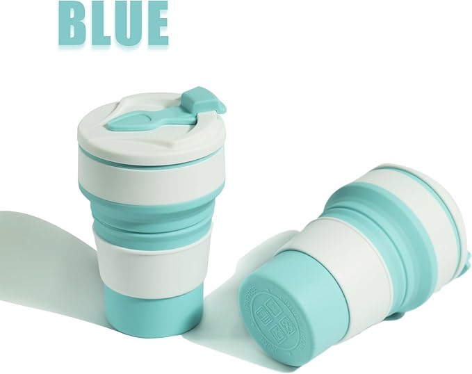 Collapsible Cup for Traveling, 12Oz Collapsible Silicone Travel Cup for Hot and Cold Drinks, Leak Proof Reusable Folding Travel Coffee Mug for Camping & Hiking, Blue