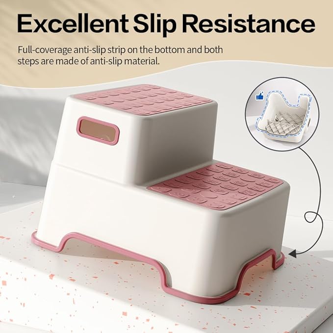 Toddler Step Stool for Bathroom Sink, 2 Pack Step Stool for Kids, Plastic Potty Training Toilet Stepping Stools, Child and Baby Lightweight&No-Slip Two Step Stools for Kitchen(Off-White/Pink)