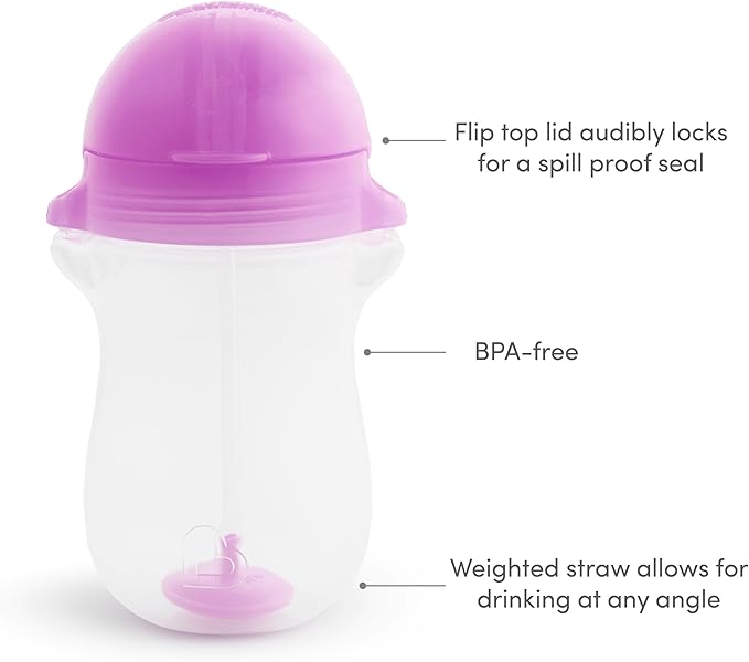 Munchkin Any Angle Weighted Toddler Straw Cups with Click Lock Lid, 10 Ounce, 2 Pack, Pink/Purple