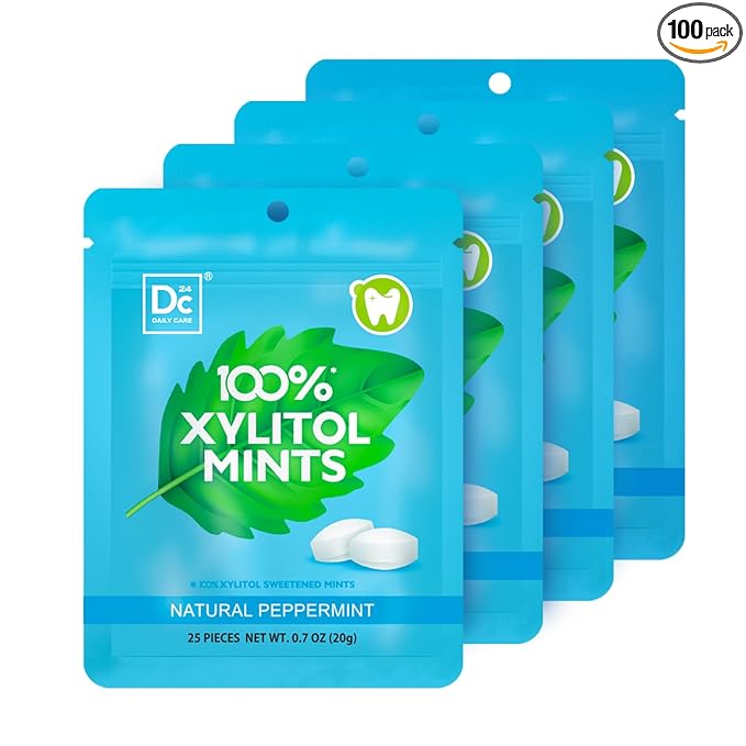 DC24 DAILY CARE 100% Xylitol Mints | Aspartame Free, Sugar Free, Vegan, Gluten Free & Keto Friendly | Natural Peppermint Flavored Mints, 25 Piece-Pack, 4 Packs