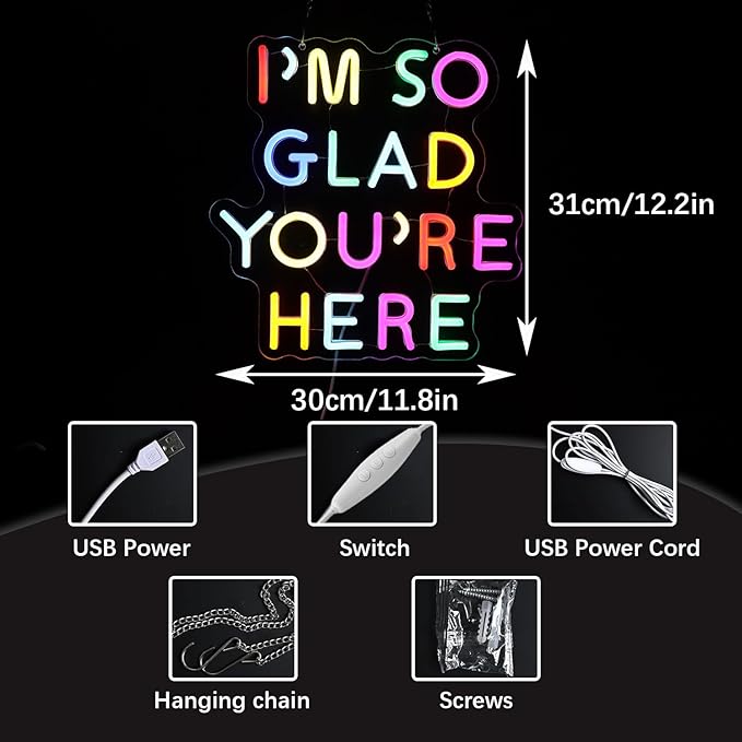 I'm So Glad You're Here Neon Sign-Classroom Decoration -Inclusive Classroom Decor-Welcome Gift-Teacher Present-Decor of primary schools and kindergartens Wall Sign Decoration Present-Birthday Christmas Gift