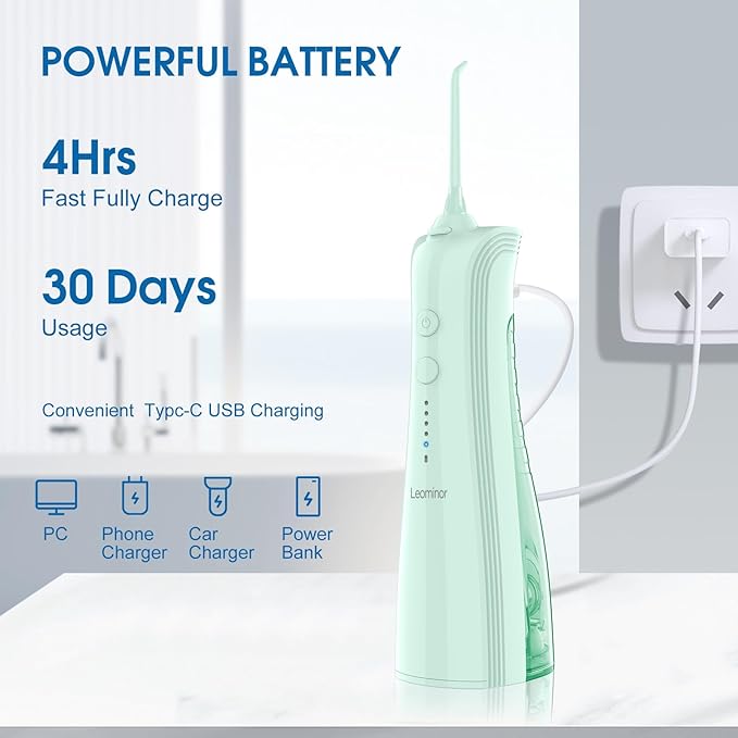 Leominor Water Flosser - 5 Modes Cordless Portable Oral Irrigator, IPX7 Waterproof, Rechargeable Teeth Cleaner Professional Flossing Cleaning Pick for Home Travel (Green)