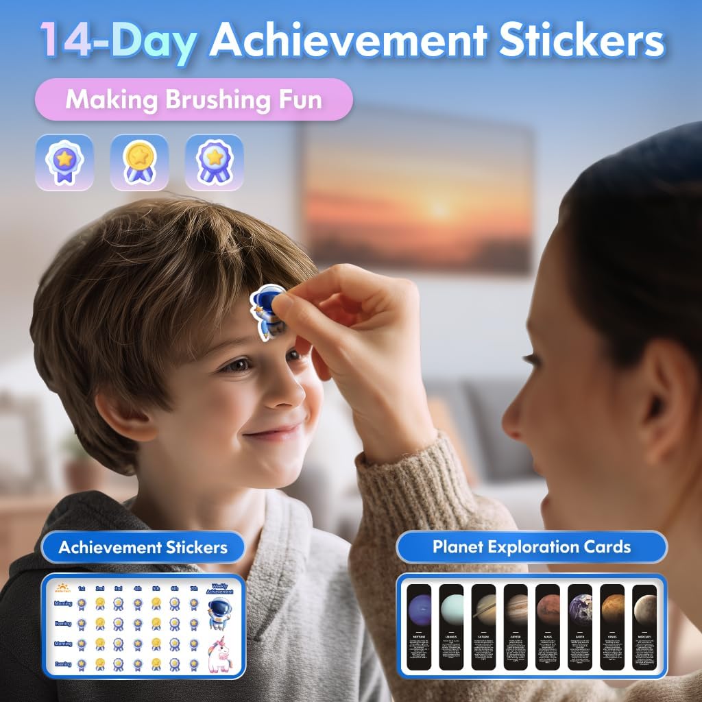 Electric Toothbrush Kids Age 3-5-7-8-12 Year Old, Childrens Electric Toothbrush Rechargeable with Timer 3 Modes 4 Vibrating Heads Habit Stickers 31000VPM Boys Electric Tooth brush (Astronaut Blue)