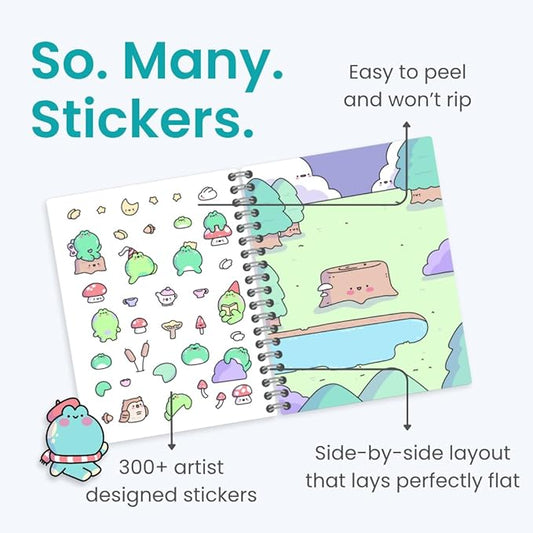 Cupkin Frogs Sticker Book Activity for Kids, Toddler Airplane Travel Essentials, 300+ Brogs Stickers for Kids + 8 Scenes + Coloring Book Pages, Rabbit Lover Gift, Children's Crafts Ages 2-8